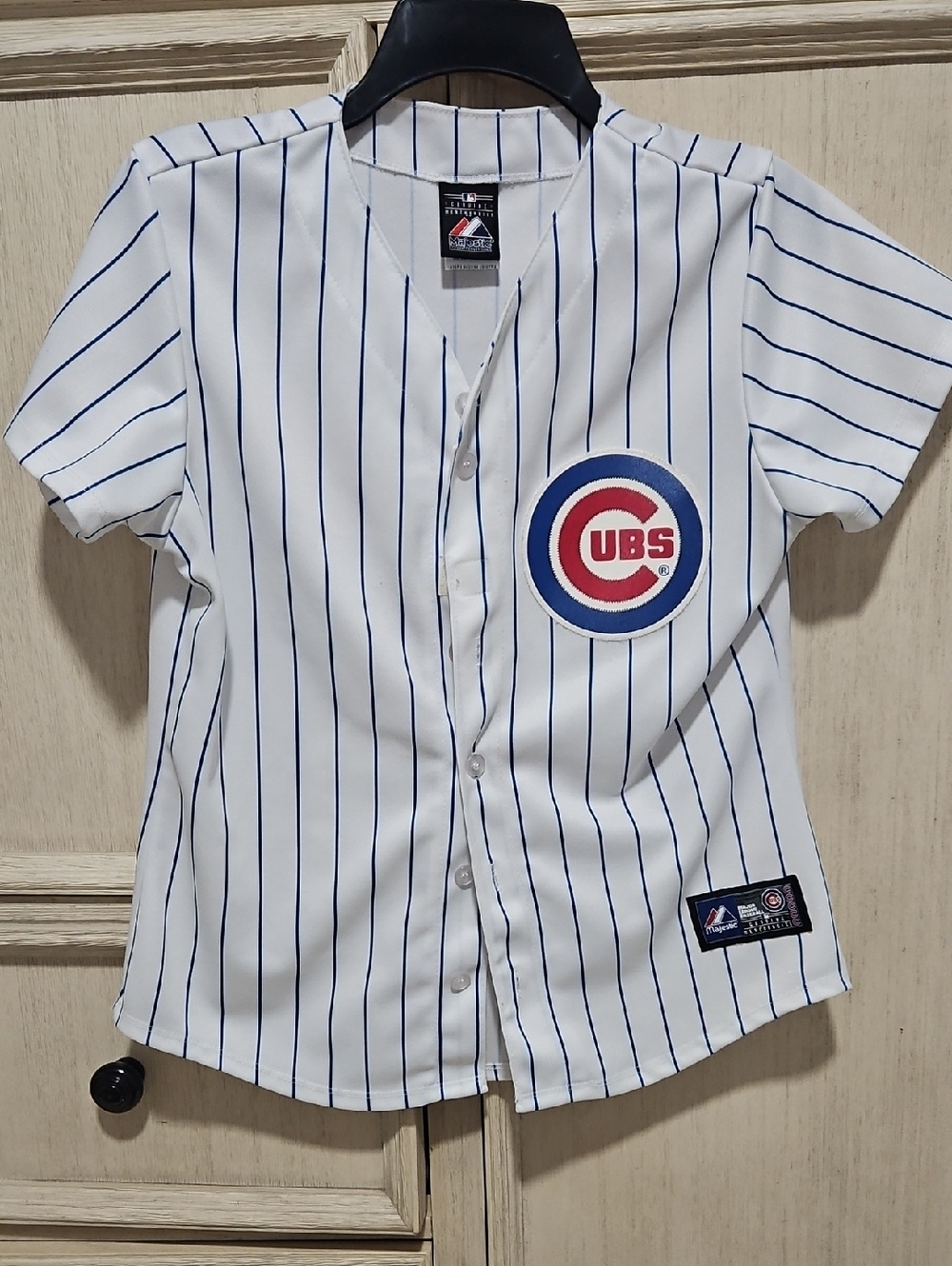 Majestic Womens White Pinstripe Cubs Baseball Jersey with Blue and Red Logo